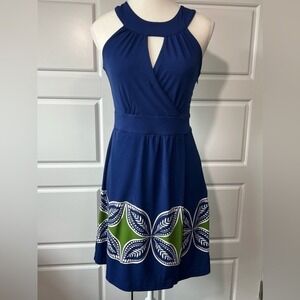 Banana Republic Navy Blue Halter Neck Dress Green Floral Sleeveless Fit Flare XS